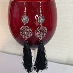 Pretty long black tassel and rhinestone scrollwork earrings